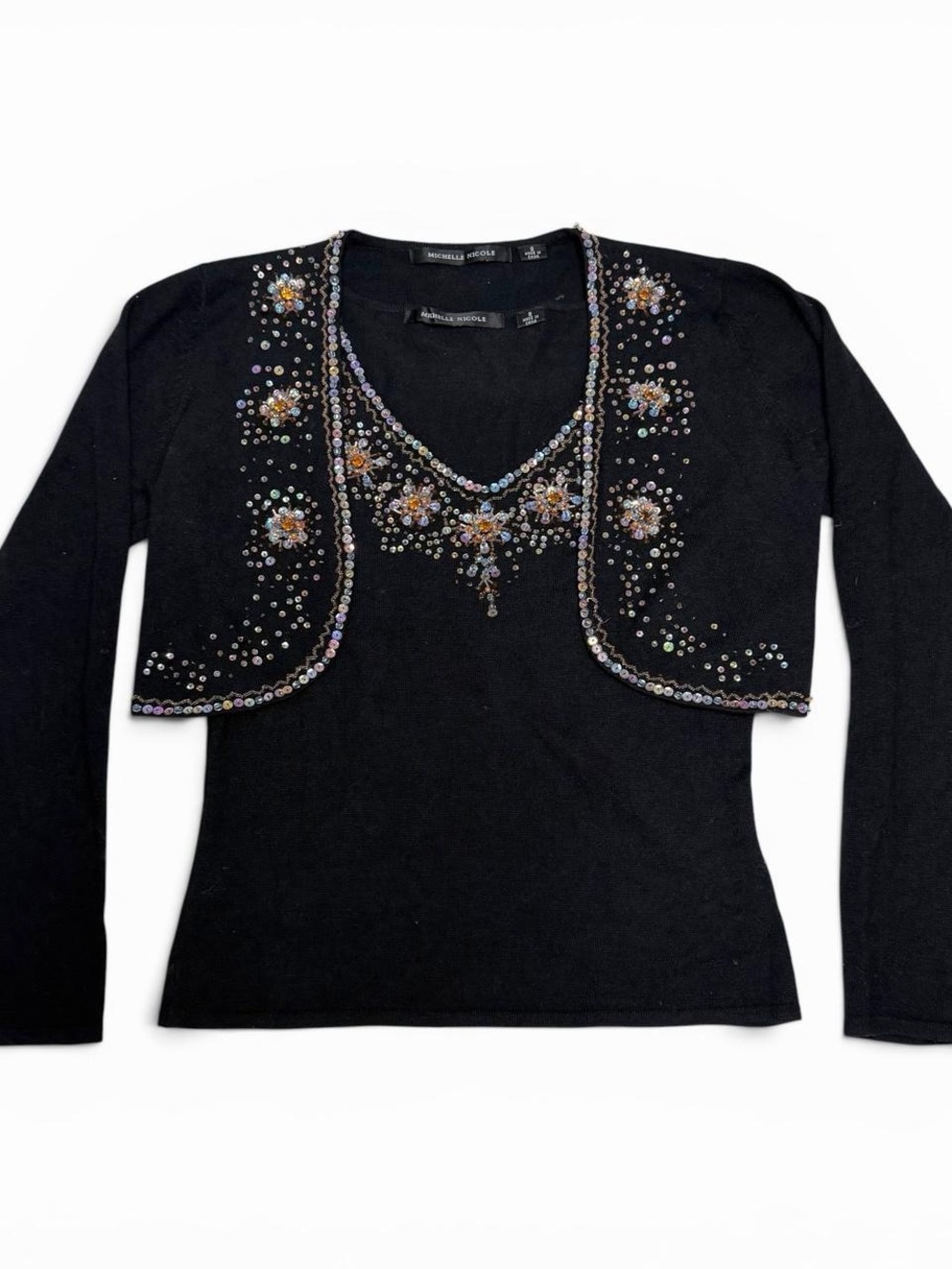 Vintage Michelle Nicole Floral Sequin Beaded Cardigan + Tank Top Set